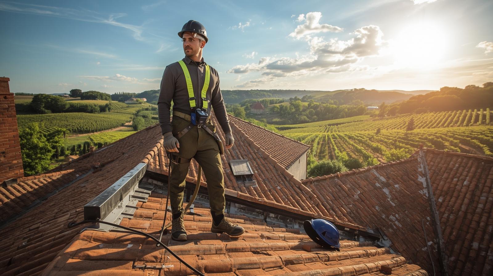 Artisan réalisant l'isolation des combles par soufflage de laine de roche pour améliorer le DPE d'une maison à Gradignan.