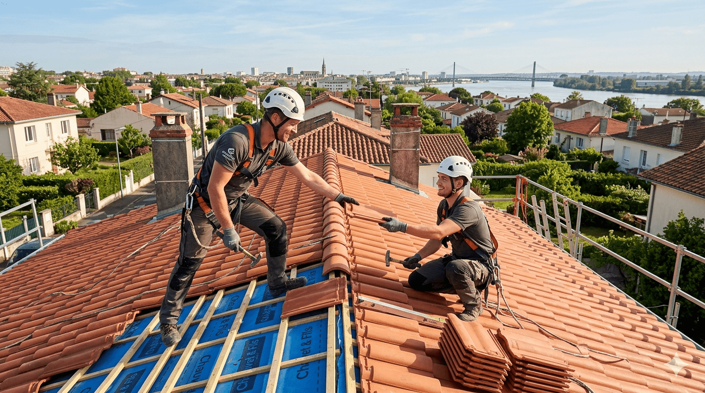 Artisan couvreur posant des tuiles neuves sur un toit en rénovation à Bègles en Gironde.