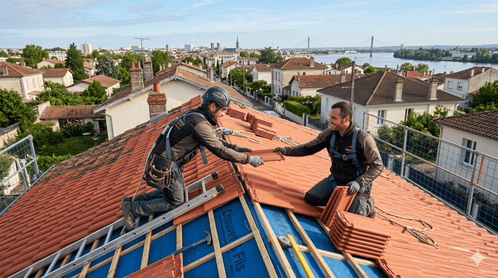Couvreur à Bègles : : Deux artisans couvreurs de l'entreprise Chauvet et Fils posent des tuiles neuves sur un toit en rénovation à Bègles, avec vue sur la Garonne en arrière-plan.