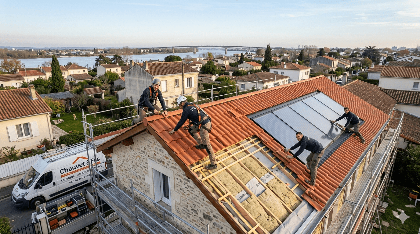 Une équipe de quatre artisans couvreurs de Chauvet et Fils rénovent une toiture à Bègles en installant des tuiles romanes neuves et des panneaux solaires thermiques intégrés, avec vue sur la Garonne en arrière-plan.
