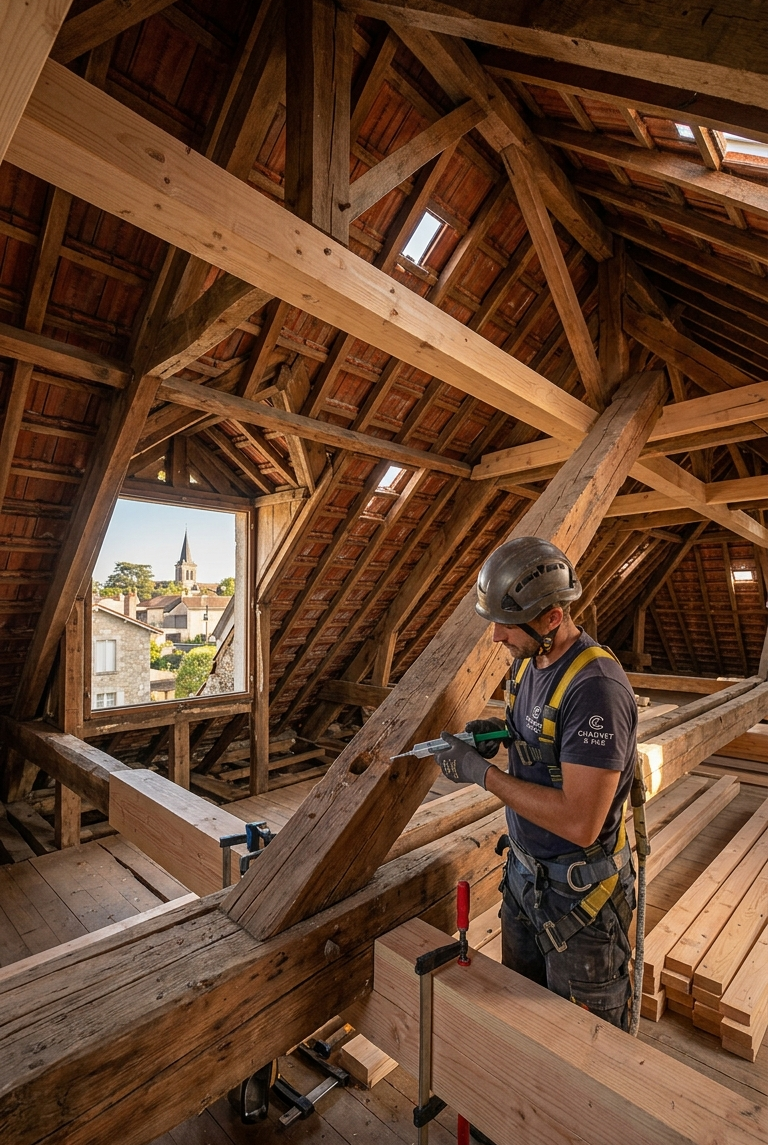 Un artisan charpentier en train d'injecter un traitement curatif dans une poutre en bois d'une charpente traditionnelle dans un comble à Pessac, Gironde. Vue détaillée de la structure en bois et de l'outil d'injection.