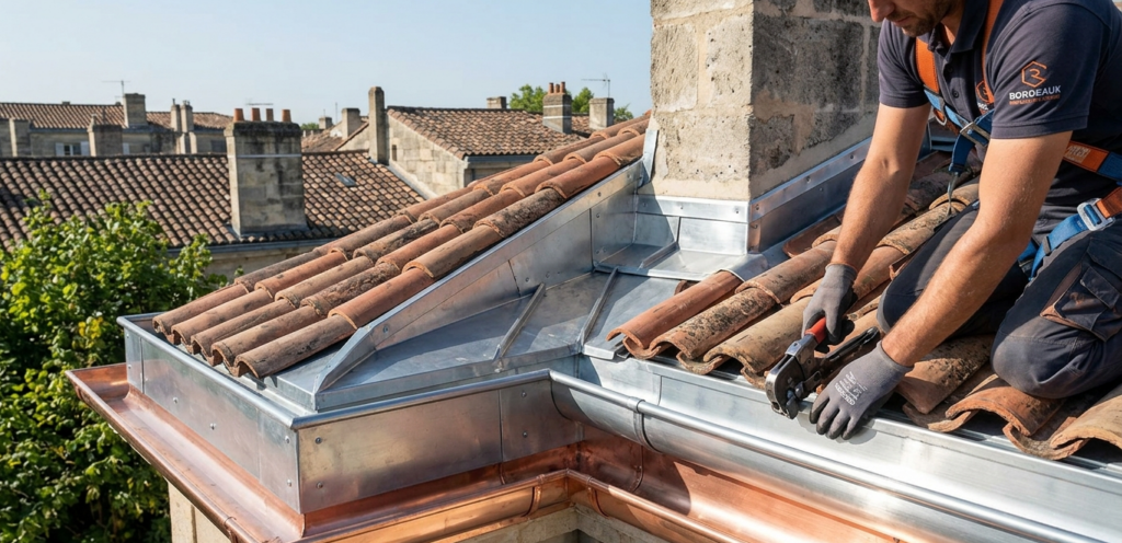 Un artisan couvreur zingueur portant un harnais de sécurité, en train d'installer une gouttière en cuivre et des éléments d'étanchéité en zinc autour d'une cheminée en pierre sur un toit en tuiles romanes à Bordeaux.