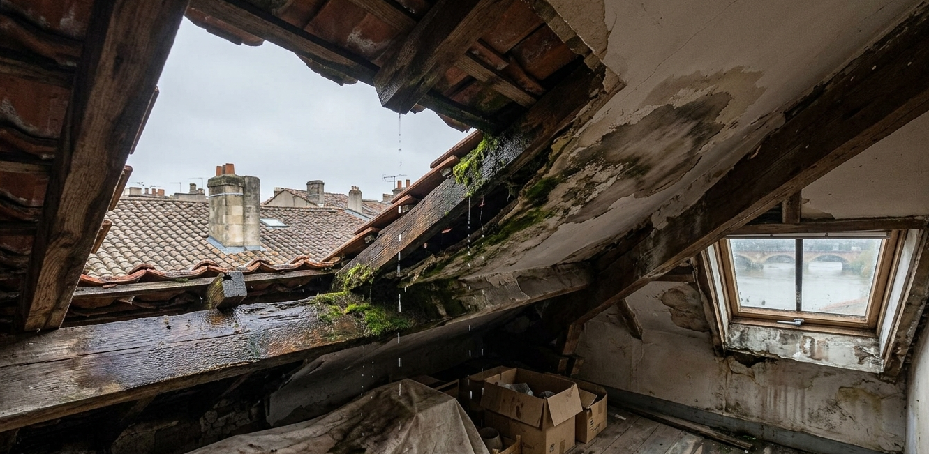 Vue intérieure rapprochée de poutres de charpente en bois saturées d'eau et couvertes de moisissures dans un comble à Bordeaux, indiquant une fuite de toiture ancienne.