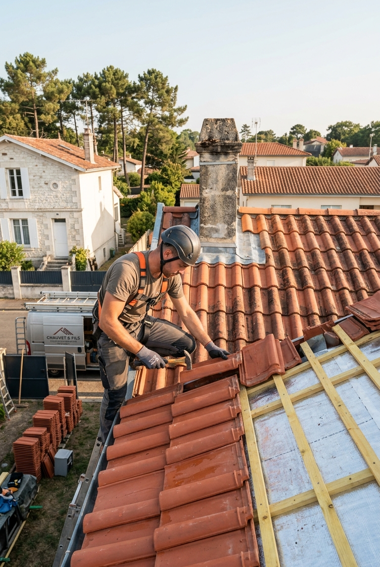 Artisan couvreur en train de poser des tuiles en terre cuite neuves lors d'une rénovation de toiture à Pessac, Gironde. Vue en plongée d'un toit résidentiel avec un professionnel sécurisé au travail.