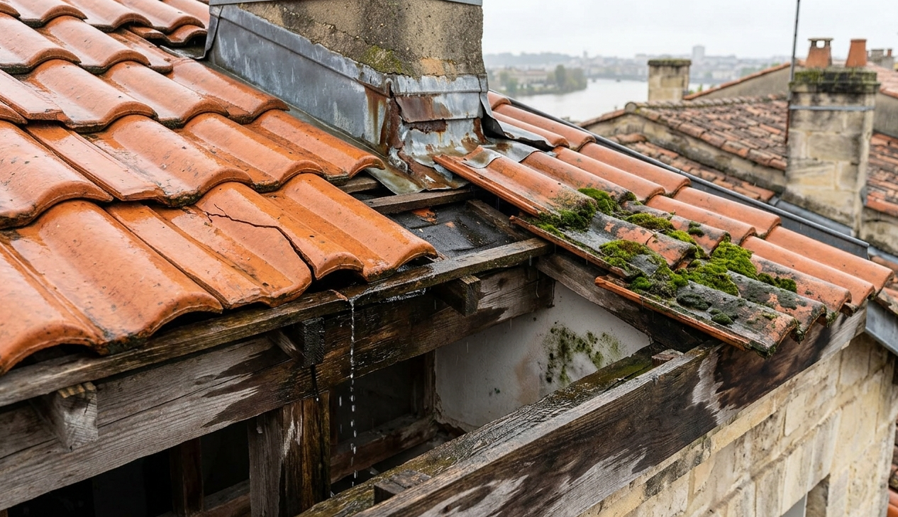 Couverture à Bordeaux : gros plan sur une infiltration d'eau de pluie le long d'une charpente en bois sur un toit en tuiles canal à Bordeaux, illustrant une fuite de couverture.