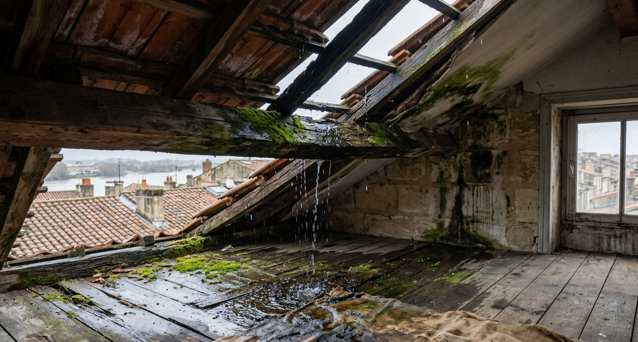 Vue intérieure de combles à Bordeaux montrant une fuite de toiture avec de l'eau s'écoulant le long de poutres en bois moisies.