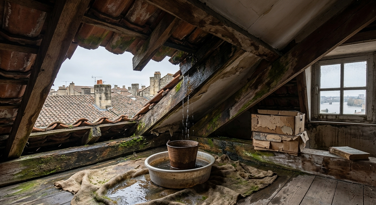 Vue intérieure d'un comble bordelais montrant une infiltration d'eau active s'écoulant le long d'une poutre en bois moisie, avec un seau recueillant l'eau sur le sol.