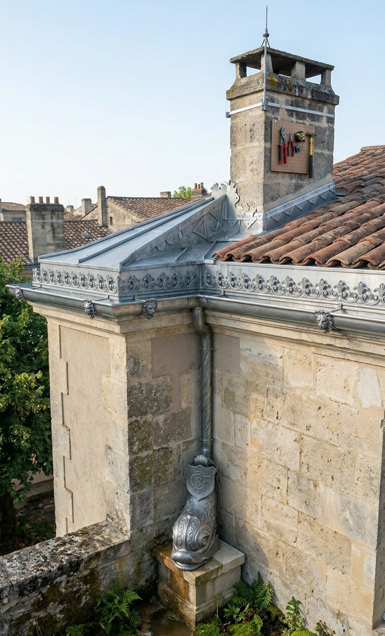 Détail d'une toiture en pierre bordelaise avec ornements de zinguerie d'art traditionnels. La descente de gouttière est sculptée en forme de tête de dauphin et porte un blason ornemental. Des gargouilles de zinc décorent la gouttière en bordure de toit.