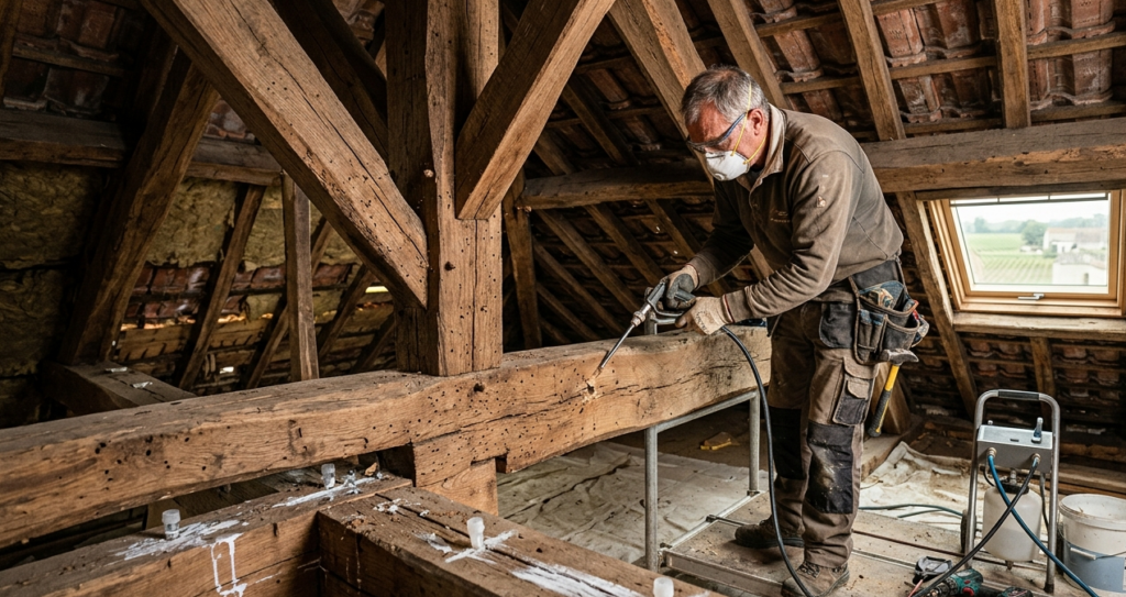 Artisan charpentier à Bordeaux réalisant un traitement par injection contre les termites sur une charpente ancienne en bois.