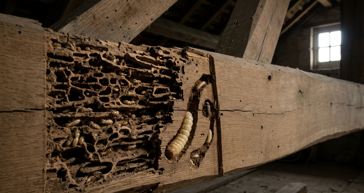 Gros plan sur une poutre de charpente en bois endommagée par une infestation invisible de termites dans une maison bordelaise.
