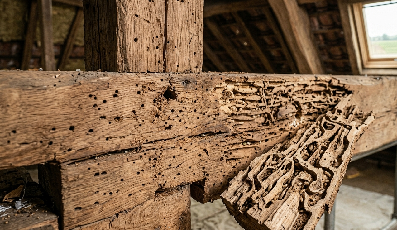 Artisan de Chauvet et Fils réalisant un traitement préventif et curatif par injection contre les termites sur une charpente ancienne à Bordeaux.