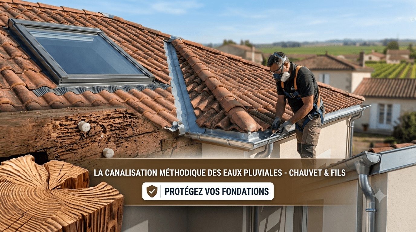 Installation d'une évacuation des eaux pluviales par un couvreur zingueur à Pessac pour protéger les murs porteurs et façades contre l'humidité.
