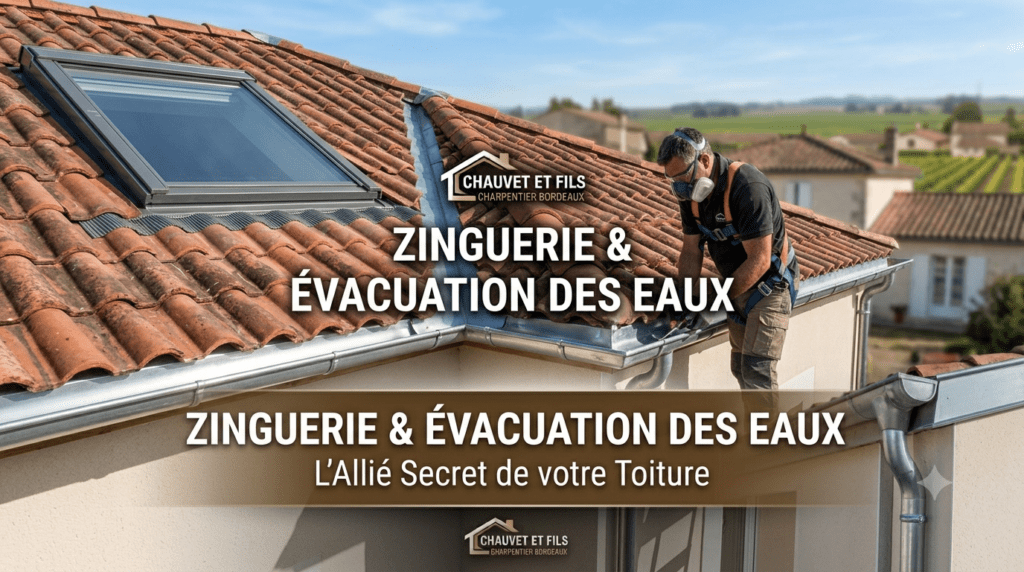 Artisan couvreur zingueur à Pessac réalisant la pose et l'étanchéité d'une gouttière en zinc sur une toiture en tuiles en Gironde.