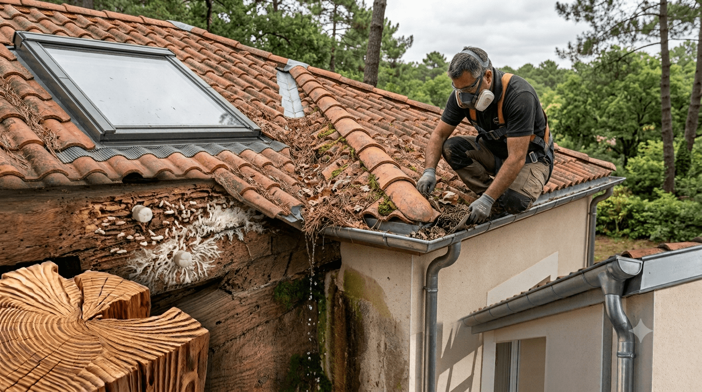 Artisan couvreur zingueur à Pessac nettoyant une gouttière obstruée par des feuilles et épines de pin pour éviter les fuites de toiture en Gironde.