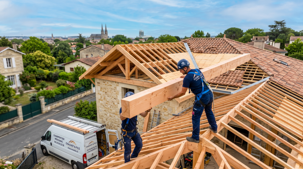 Trouver le meilleur charpentier à Mérignac : Artisans charpentiers de l'entreprise Chauvet et Fils en plein travail de rénovation d'une charpente en bois sur une maison à Mérignac.