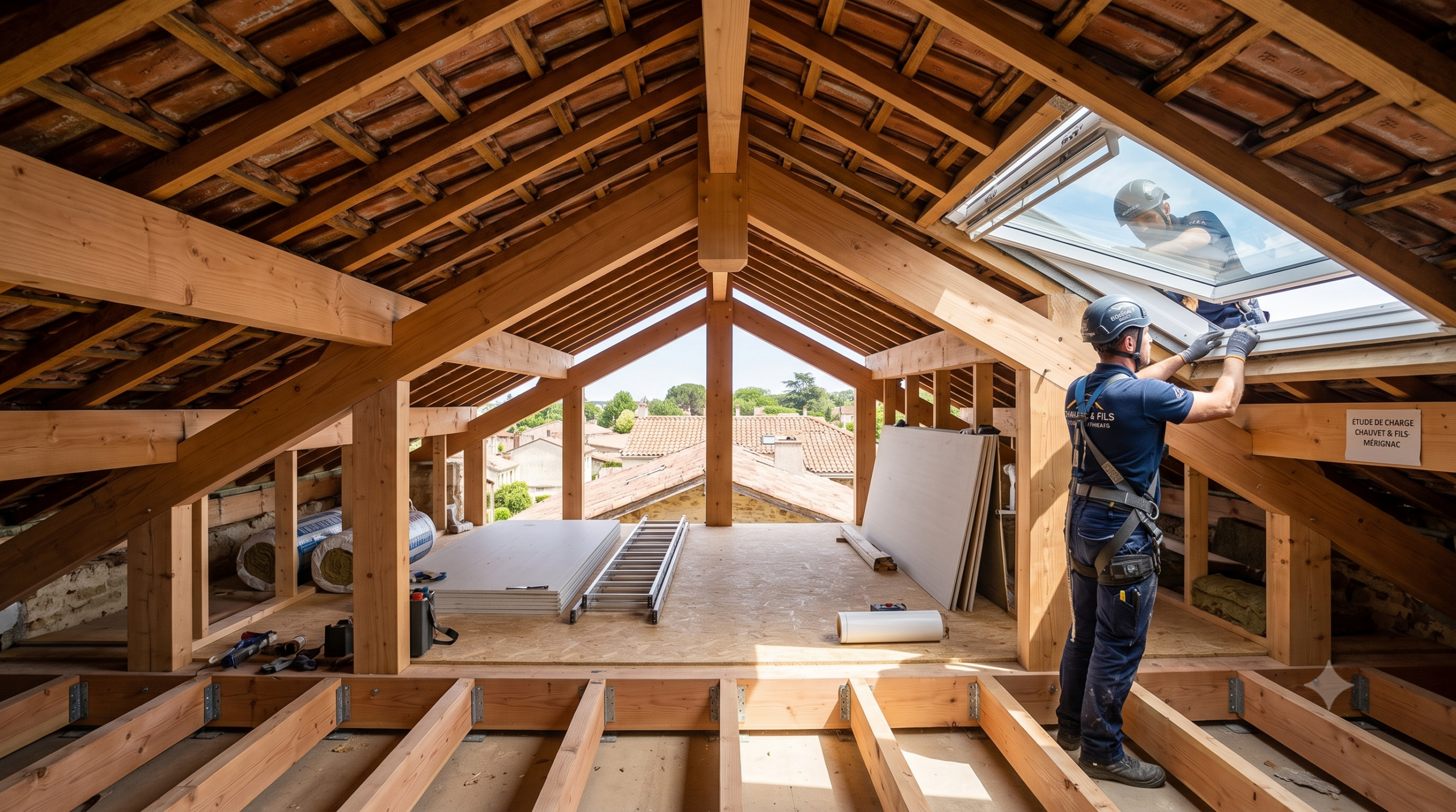 Vue intérieure d'un aménagement de combles par Chauvet et Fils à Mérignac, montrant la nouvelle charpente bois renforcée et un artisan installant une grande fenêtre de toit Velux pour créer une pièce lumineuse.