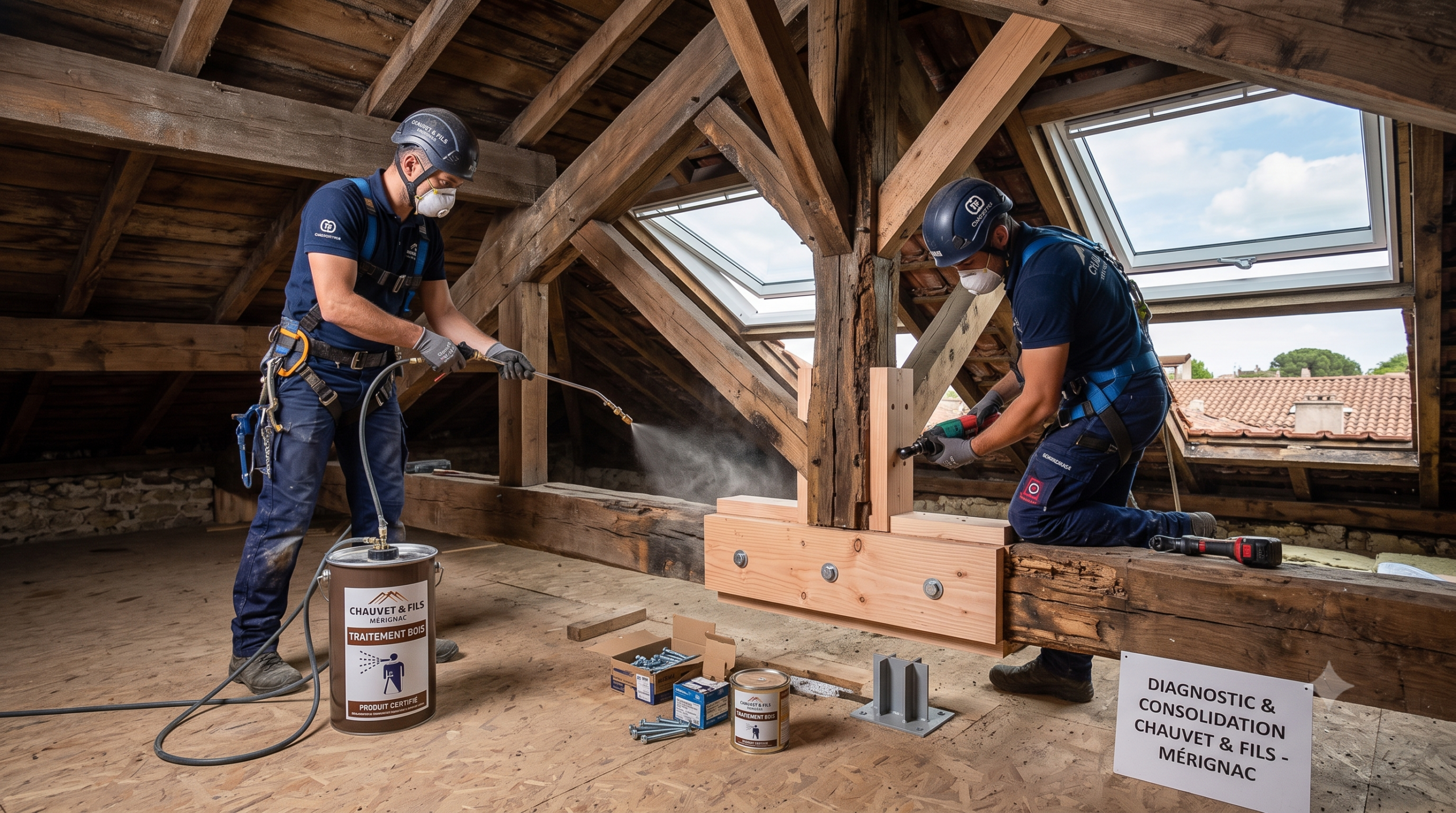 Intervention de Chauvet et Fils dans un grenier à Mérignac : un artisan pulvérise un traitement contre les nuisibles sur le bois, tandis qu'un second effectue le renforcement d'une poutre par moisage.