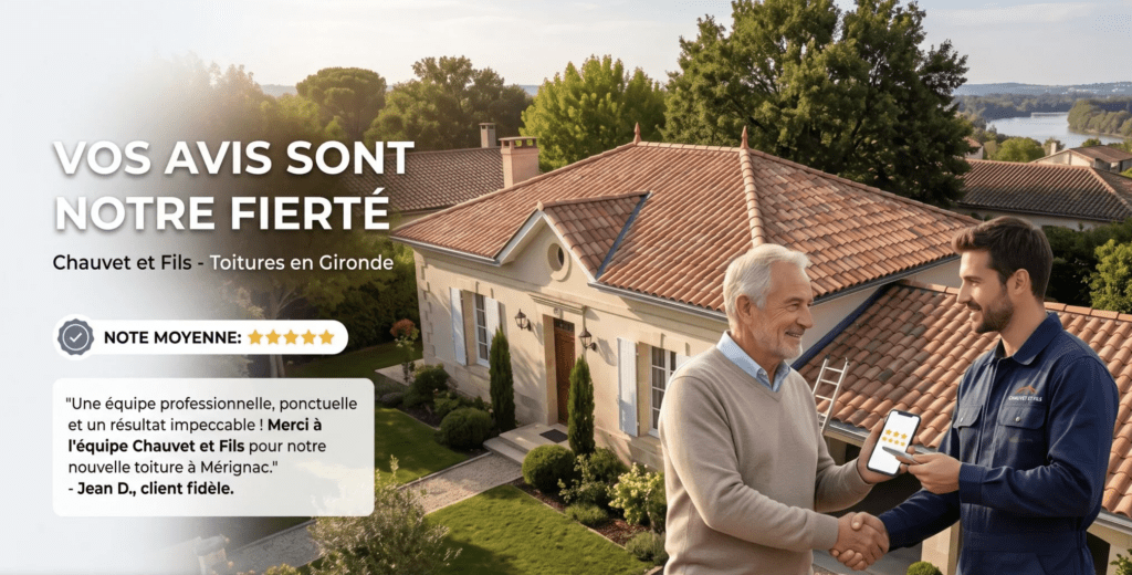 Artisan couvreur de Chauvet et Fils serrant la main d'un client satisfait devant une maison rénovée en Gironde avec affichage des avis Google.