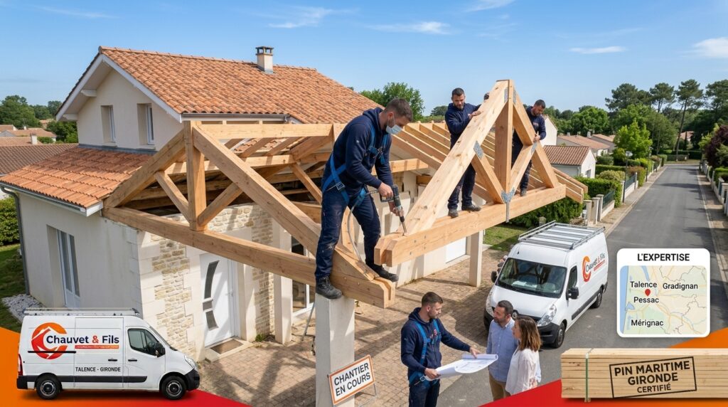 Charpentier à Talence : Artisan charpentier de l'entreprise Chauvet & Fils assemblant une charpente traditionnelle en bois massif sur un chantier de maison à Talence, Gironde.