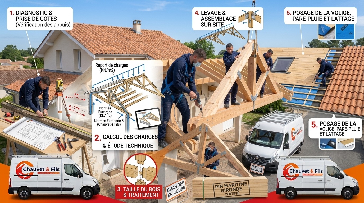 Infographie technique montrant les étapes d'un chantier de charpente Chauvet & Fils : diagnostic, calcul Eurocode 5, taille du bois certifié Gironde, levage de ferme traditionnelle, et pose de couverture avec pare-pluie.