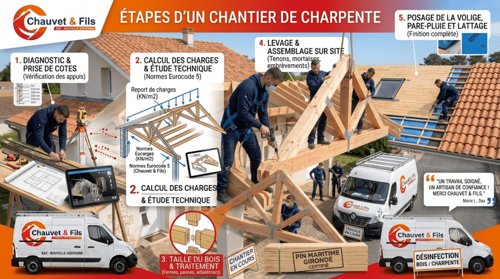 Charpentier à Bègles : Infographie explicative 16/9 montrant les 5 étapes d'un chantier de charpente bois par Chauvet & Fils : diagnostic, calcul Eurocode 5, taille du bois, levage et pose du pare-pluie.
