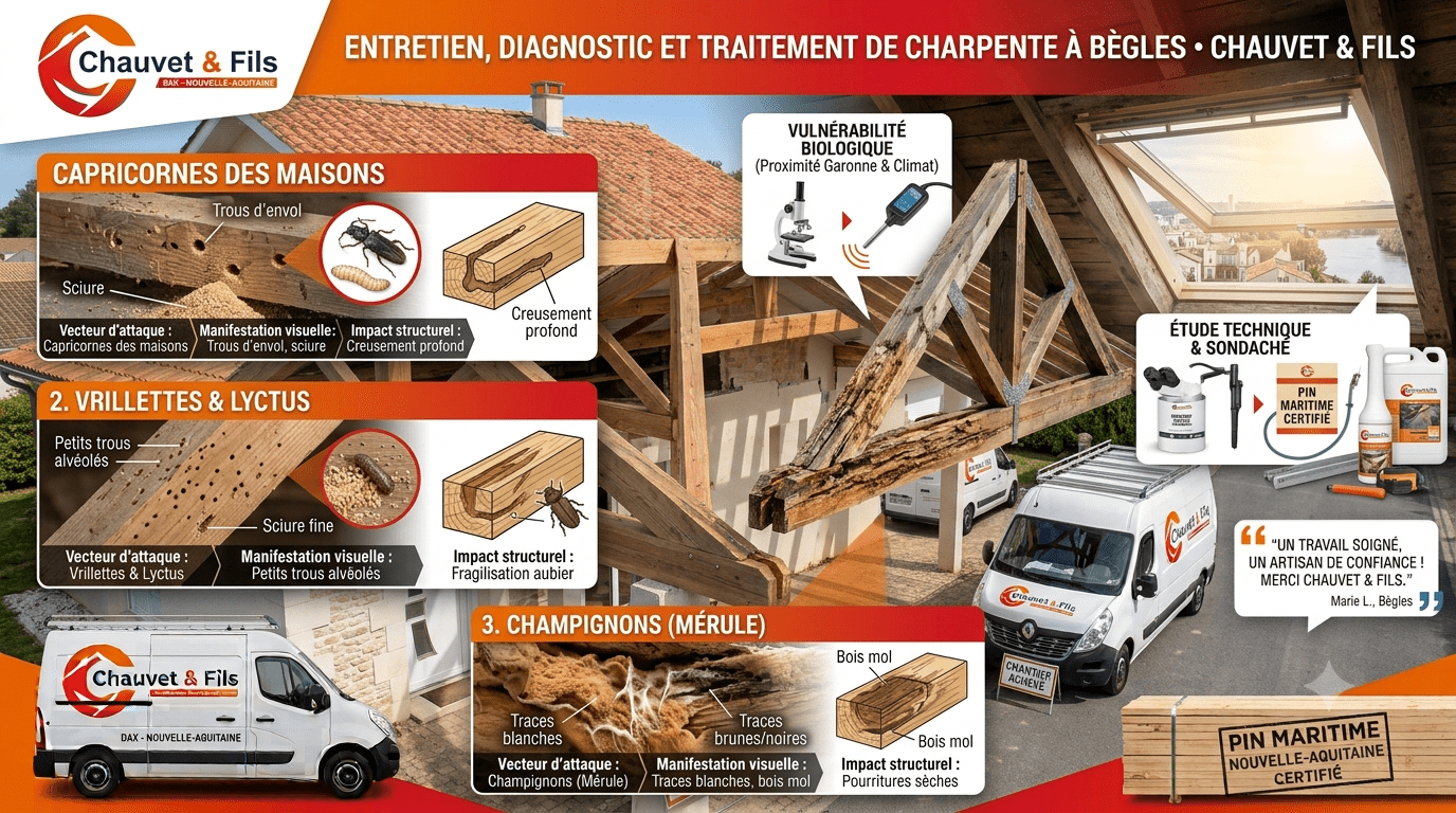 Infographie montrant les parasites de la charpente (capricornes, vrillettes, mérule) et le diagnostic de traitement du bois à Bègles par Chauvet & Fils.